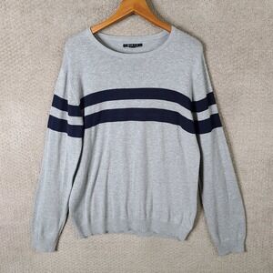 21 MEN Sweater Mens L Gray Blue Stripe Knit‎ Long Sleeve Crew Neck Cotton